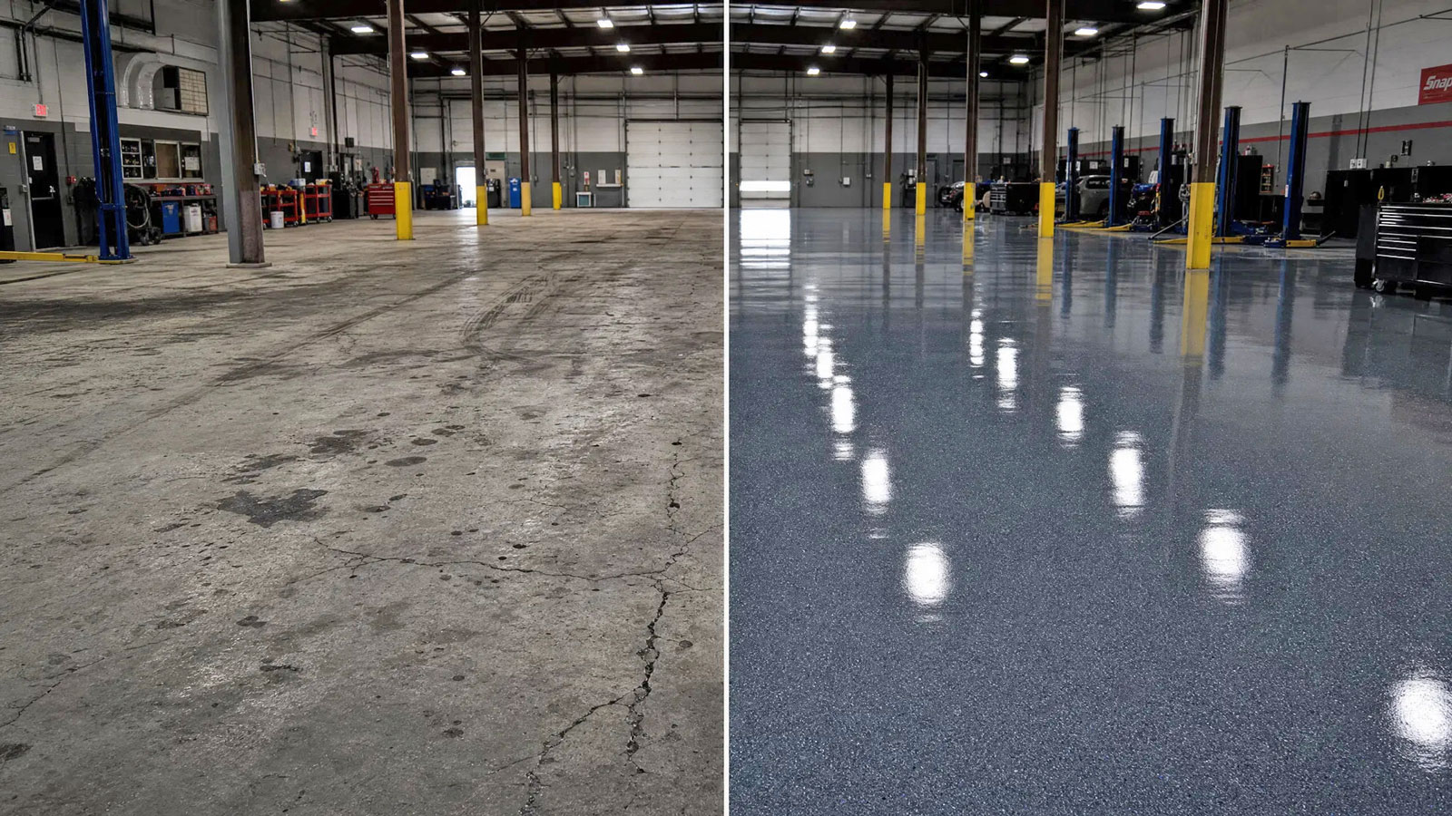 Commercial floor coating before and after — auto shop in Franklin TN